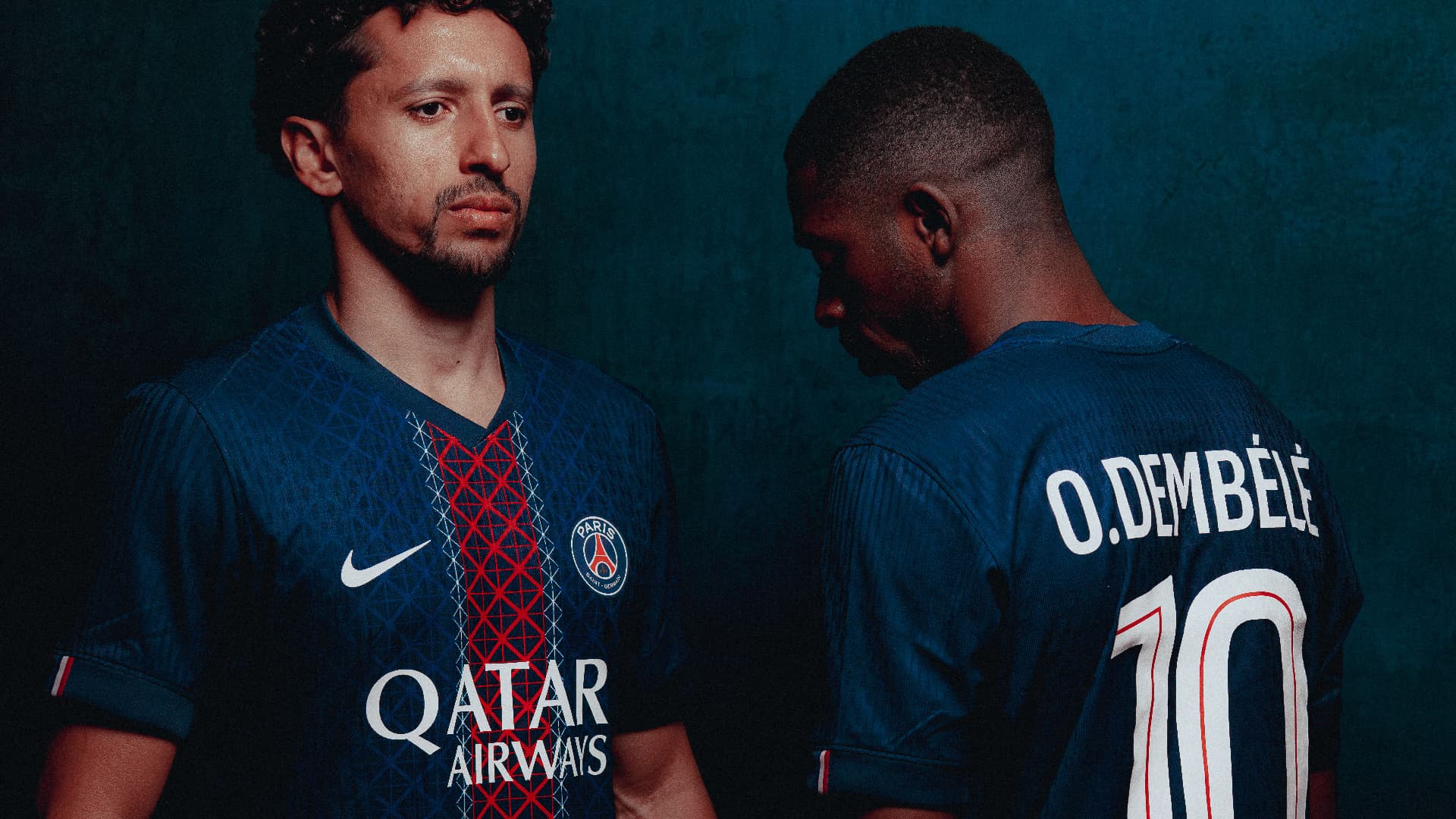 Marquinhos et Ousmane Dembélé en maillot domicile PSG 2025/26
